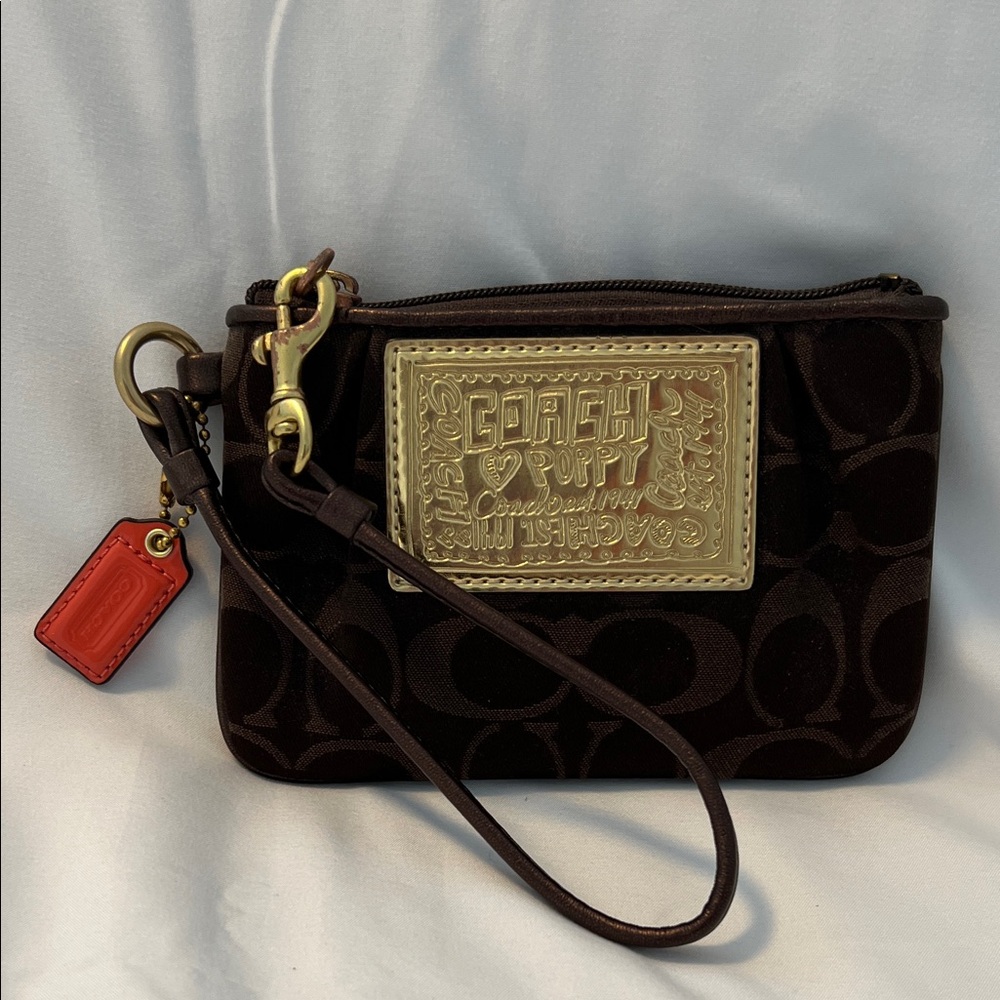 Coach Poppy Dark Brown Wristlet with Gold and Red Accents